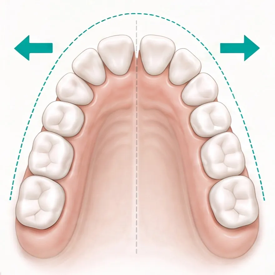 Clinical illustration of upper arch expansion with teal arrows showing width.