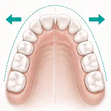 Clinical illustration of upper arch expansion with teal arrows showing width.