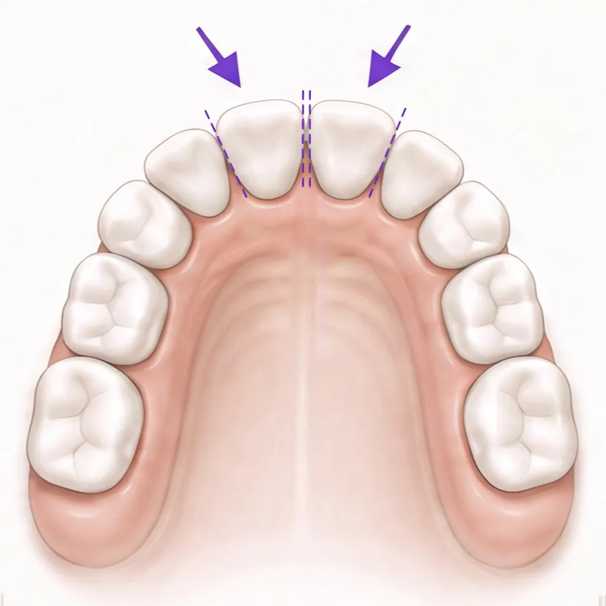 Clinical illustration of tiny enamel-width changes between front teeth.