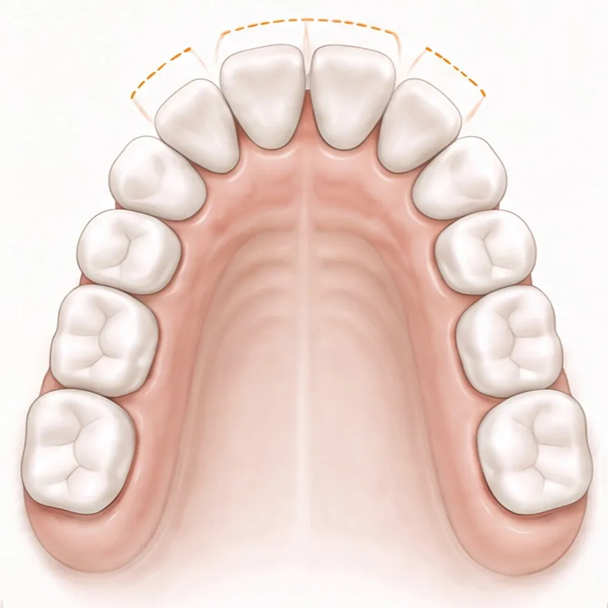 Clinical illustration of front teeth tipping forward with orange guide lines.